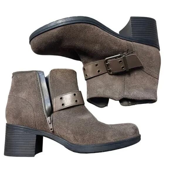 Clarks Hollis Star Brown Suede Moto Ankle Boots Buckle Zip Block Heel 9M Comfort - Picture 3 of 5